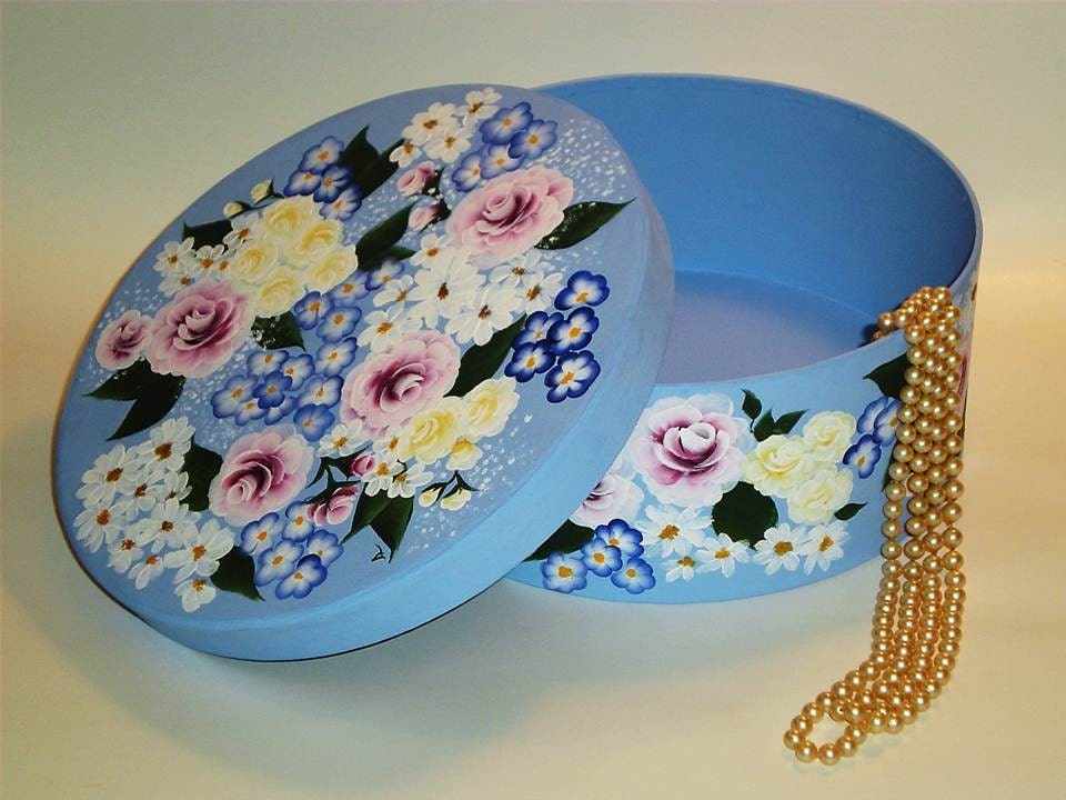 Hand Painted Jewelry Box - Sky Blue Decorative Hat Box - Covered with Colorful Roses, Daisies and Flowers - Storage Keepsake Box 7.5 inches