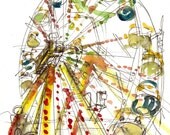 Ferris Wheel Watercolor Art, A rainbow carnival Sketch - 8x10 print