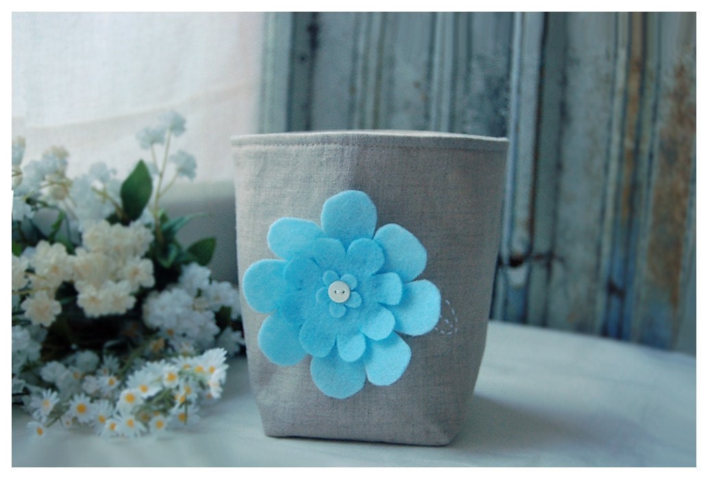 Linen box Blue bin weddings decor basket flower Oatmeal Linen Organizer Storage Embroidery Felt Recycled Handmade tagt team Gift Wrap