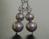 Grey Pearl Earrings, Rhinestone Earrings, Silver Wedding Jewelry, Bridesmaid Earrings - FREE SHIPPING