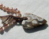 Ocean Jasper Heart Pendant Necklace on strand of pink pearls