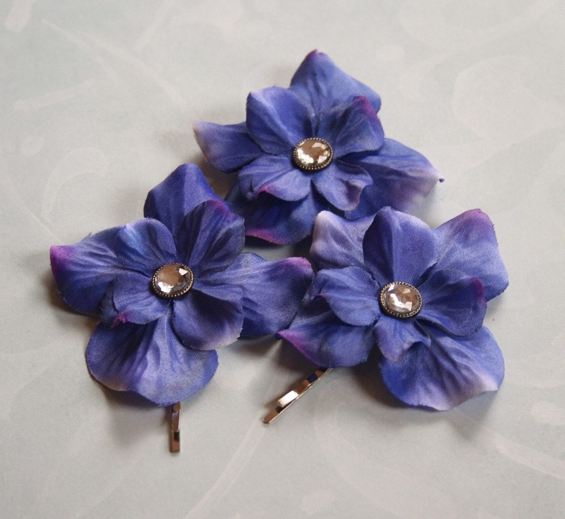 Hair Flowers, Set of 3 Violet Blue Hair Flowers, Bridal, Wedding, Hair Accessory, Girls, Women, Blue Fashion, Blue Wedding