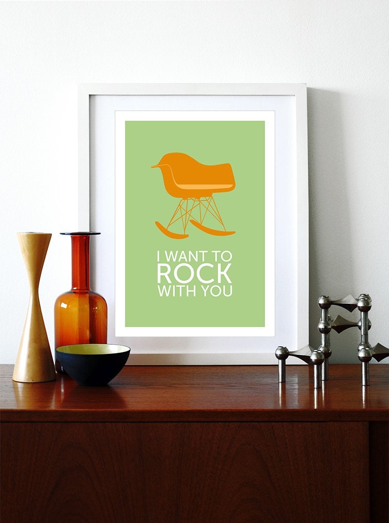 Eames poster print - I Want To Rock With You Orange- A3  Eames chair rocker Mid Century Modern Herman Miller lounge home