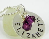 My Name hand stamped sterling silver necklace with birthstone colored crystal - gothic font