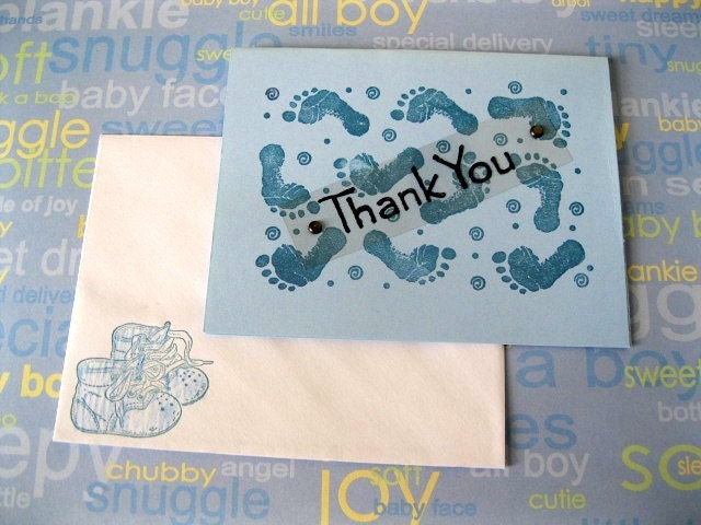 Handmade Stamped Baby Boy Blue Thank You Greeting Cards With Gift Bag-Baby Shower-Baby Feet Imprints-Set of 10