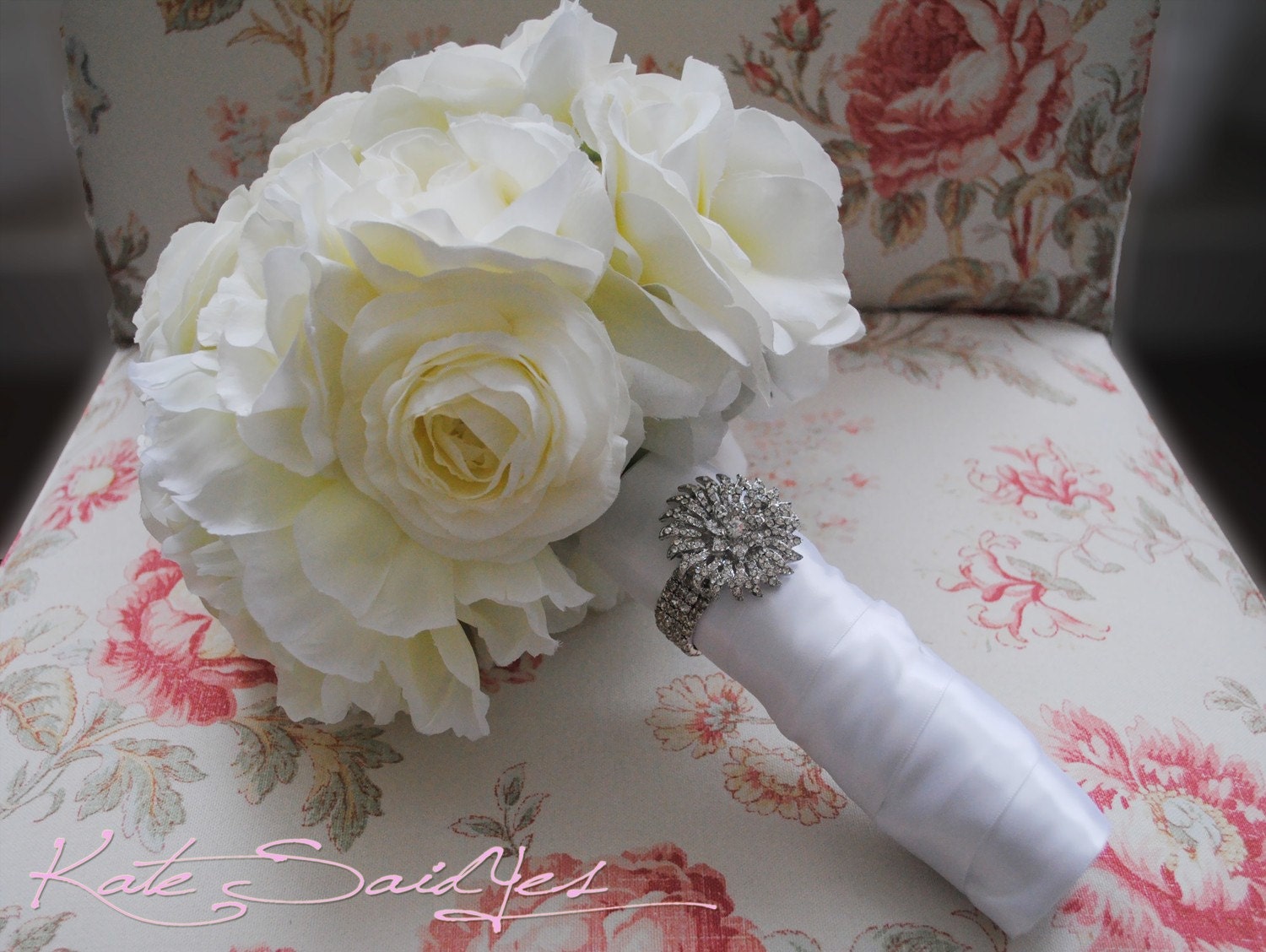 Silk Bridal Bouquet - Ivory Rose Peony and Ranunculus Wedding Bouquet with Rhinestone Handle and Crystal Accents