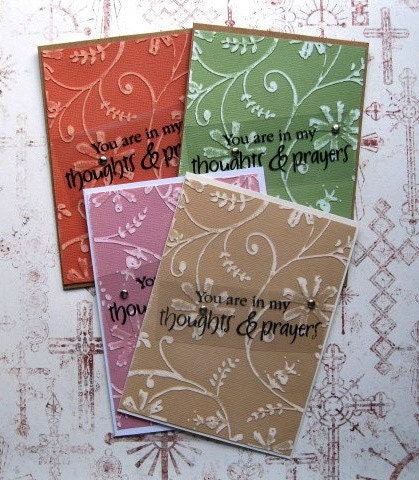 Handmade Stamped Embossed Orange Green Pink Beige Sympathy Greeting Cards-Set of 4