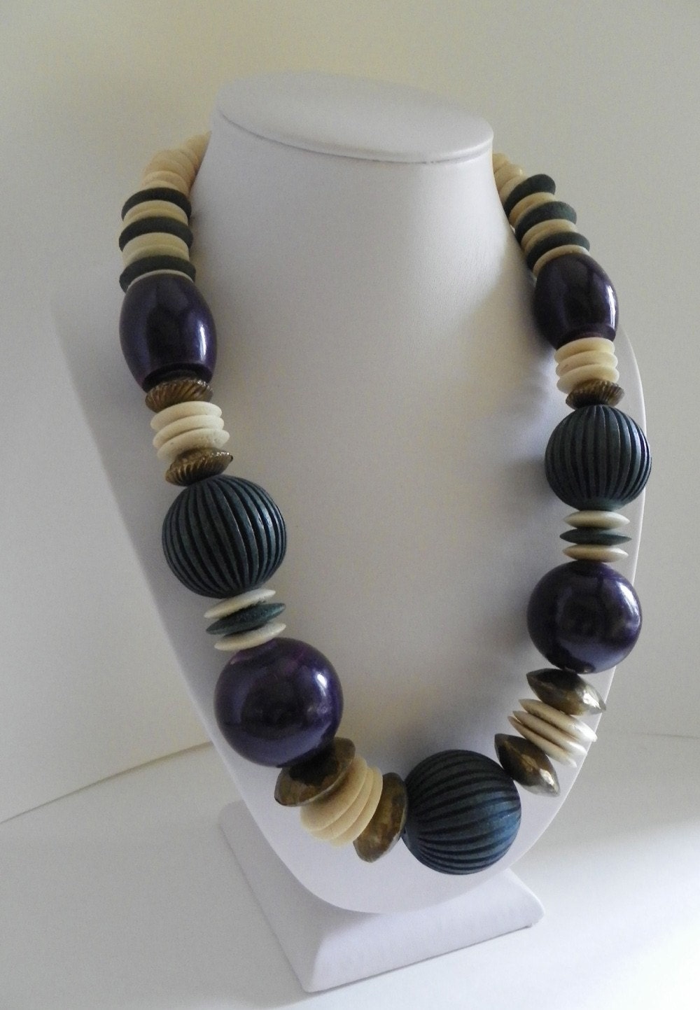 Vintage Chunky Purple & Teal Big Bead Bone Wood STATEMENT Necklace