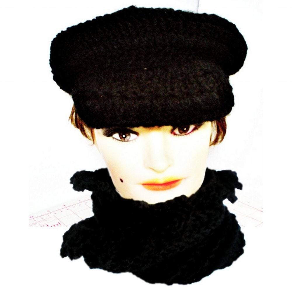 Twisted Crochet Scarf For Women With Newsboy Hat in Black Acrylic Yarn Can Customize For Plus Size