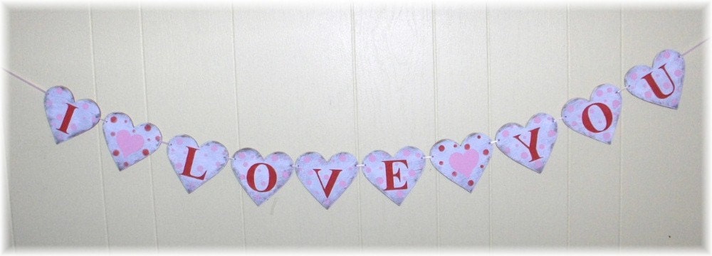 Valentine  I Love You  Banner Garland Hearts Shabby Chic Cottage Red And Pink Wood Custom Colors Sign