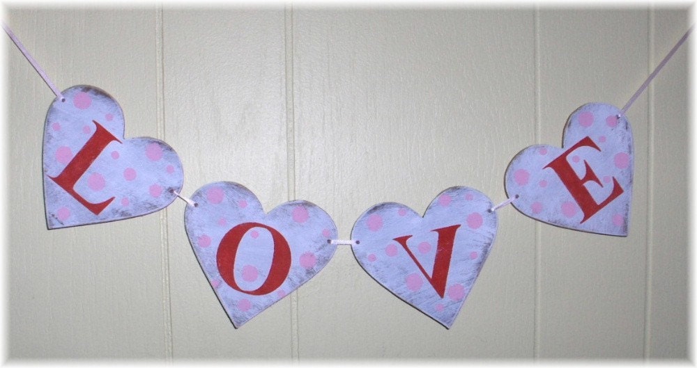 Valentine Love Hearts Garland Banner Shabby Chic Wedding Anniversary Romantic  Red And Pink Custom Colors Wood Sign