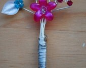 Pink Green & Clear lapel pin beaded Blossom pin