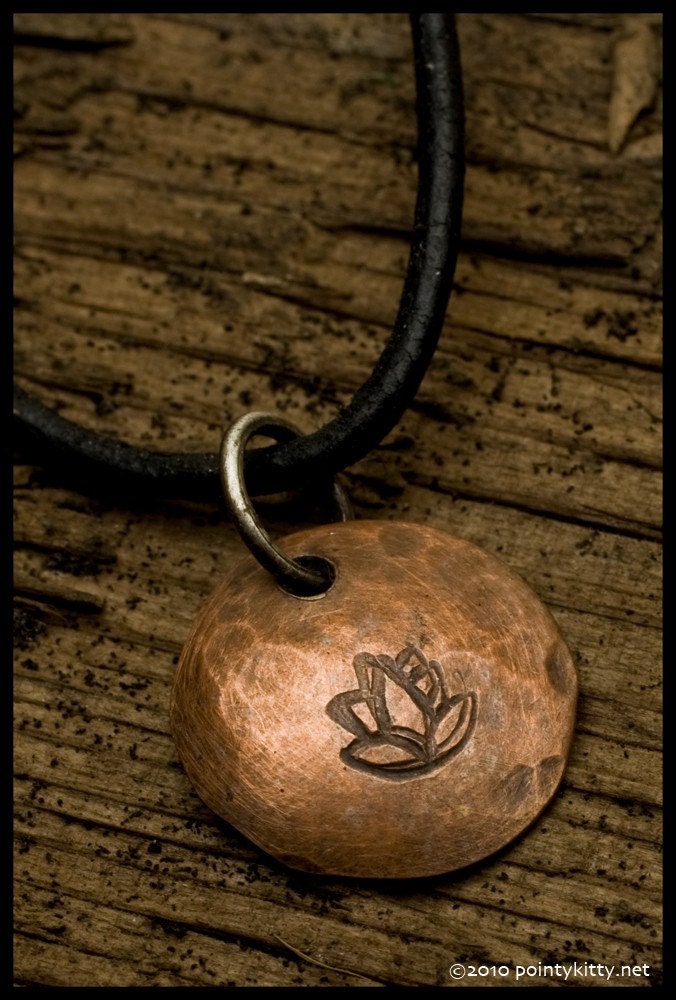Lotus Flower Pendant Necklace  - Recycled copper hammered oxidized disc pendants
