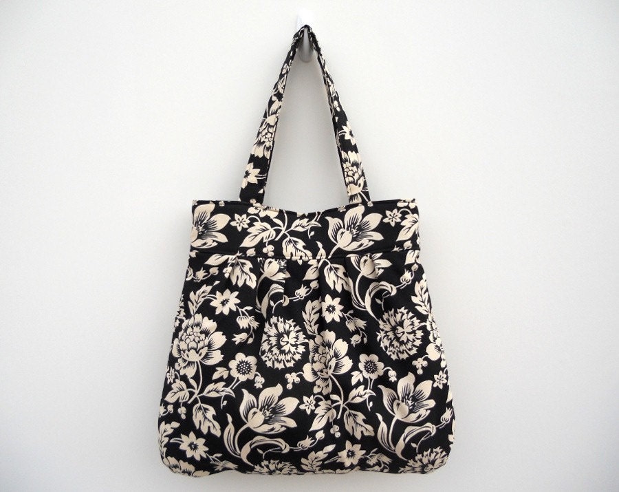 Black and Ivory Pleated Purse - Floral Shoulder Bag