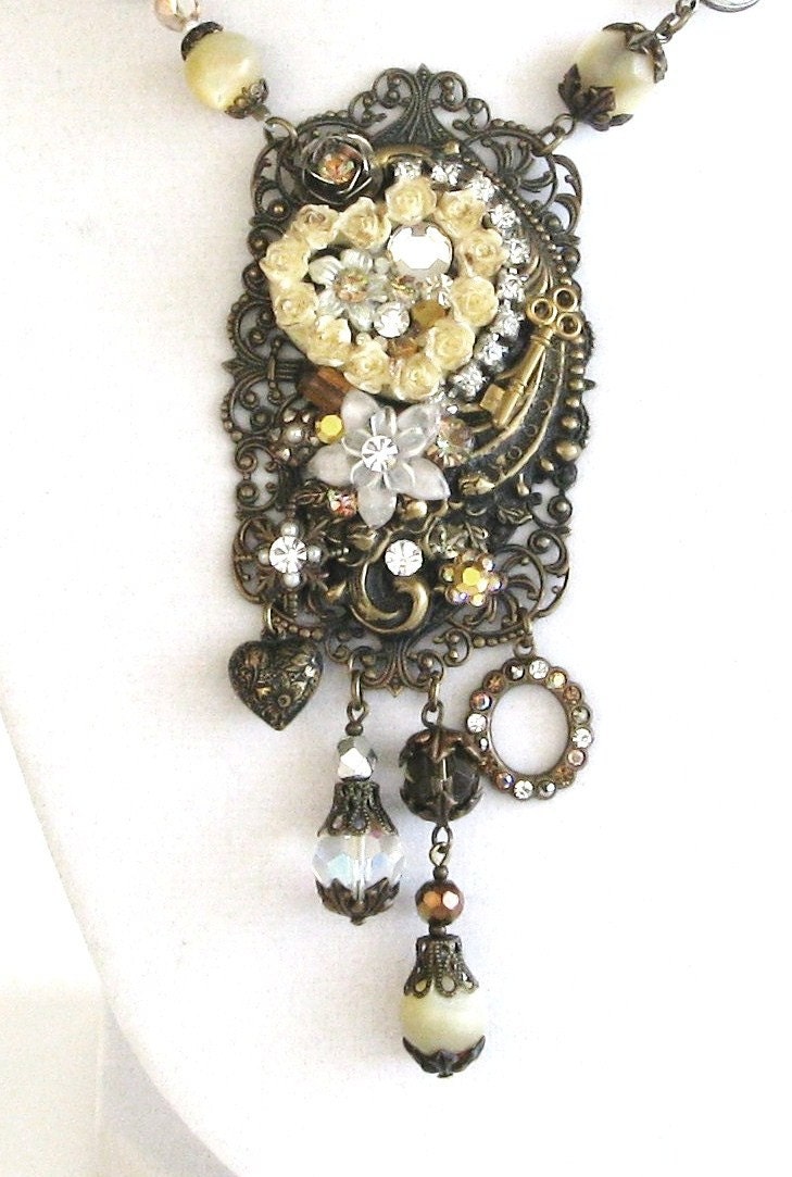 Steampunk Bride - Breathtaking OOAK signed vintage collage statement necklace in Buttercream, brass and antique Mother of Pearl