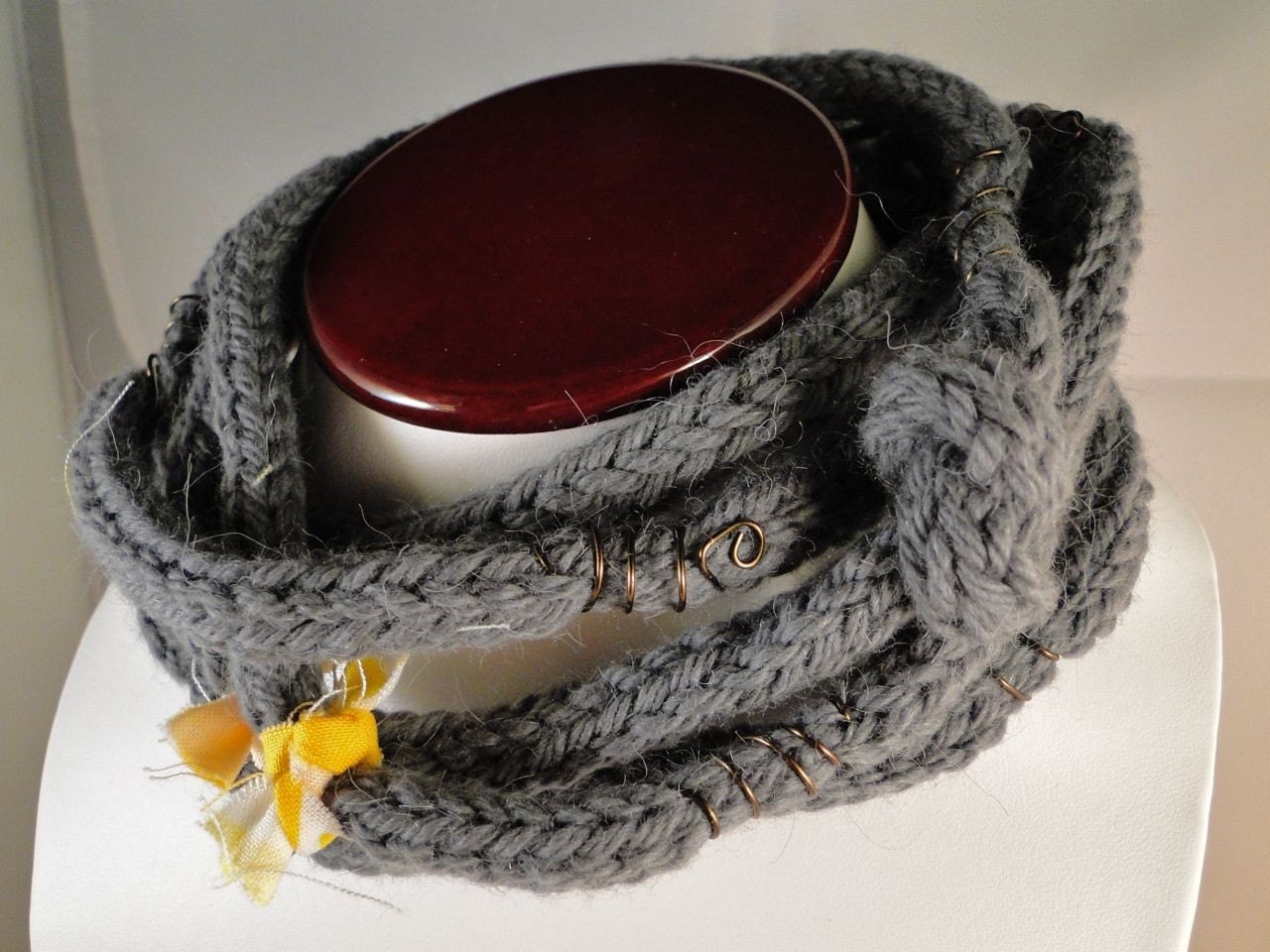 Skinny scarf Charcoal and yellow knitted i cord necklace or neck warmer