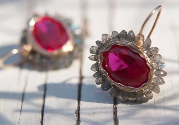 Labradorite Flower Earrings, Flower Jewelry, Hot Pink Zircon Earrings, Feminine Jewelry, Handmade Jewelry - yifatbareket