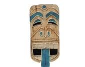 Two Tiki Mask Face Ceramic Art Tiles Pottery Blue Tongue