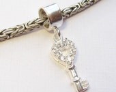 Sterling Silver Pandora Style Bead - Crystal Heart Shaped Key Charm