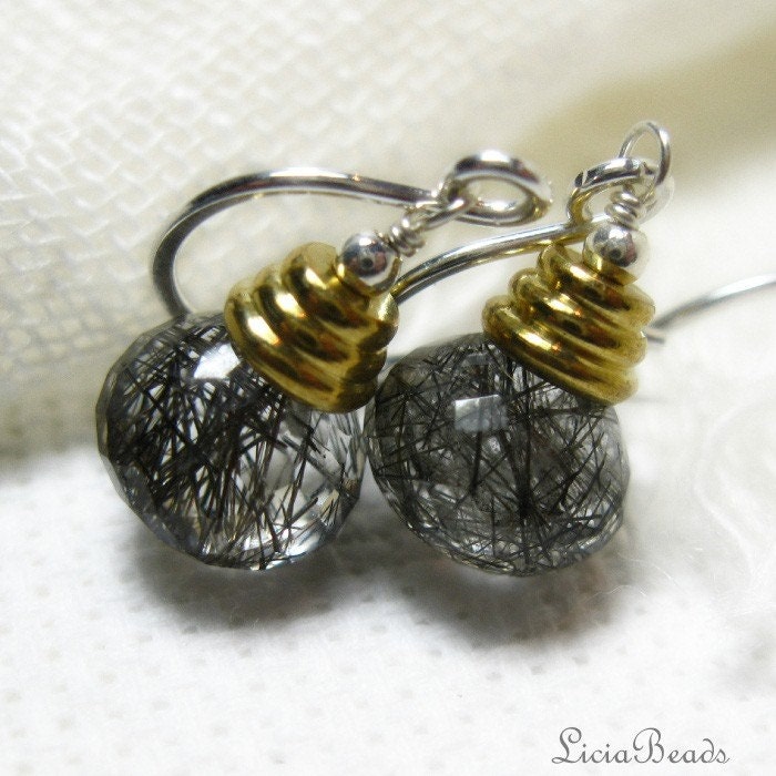 Tourmalinated Quartz gemstone mixed metal sterling silver earrings