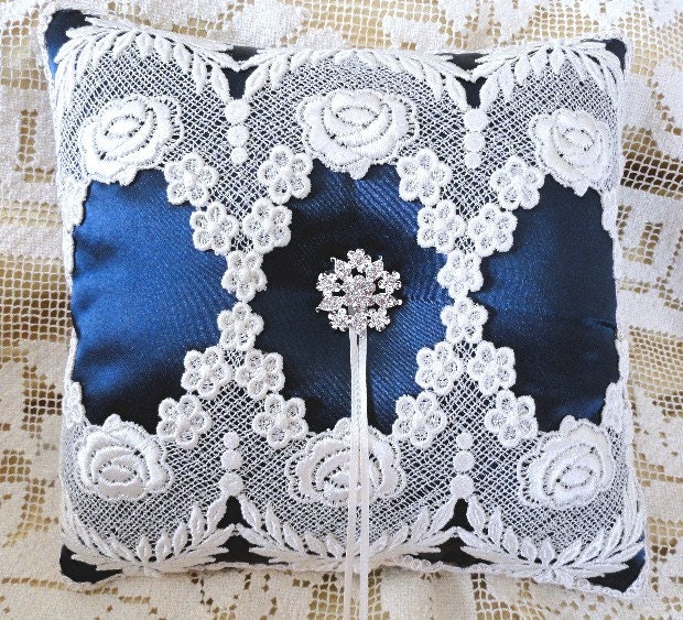 Light Ivory Lace-Deep Blue Ring Pillow-Amarantha-Victorian-Elegant-Bling-OOAK