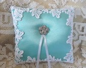 Tiffany Blue-White Lace Ring Pillow-Rhinestones-Monique