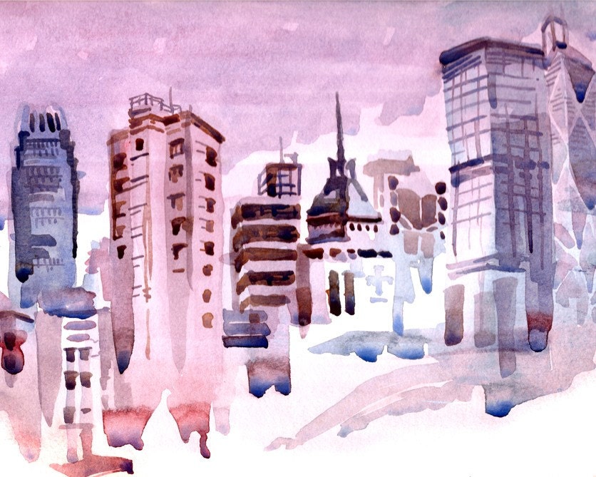 City in purple, pink  and mauve, A Travel Sketch Art Print - 8x10 print - SketchAway