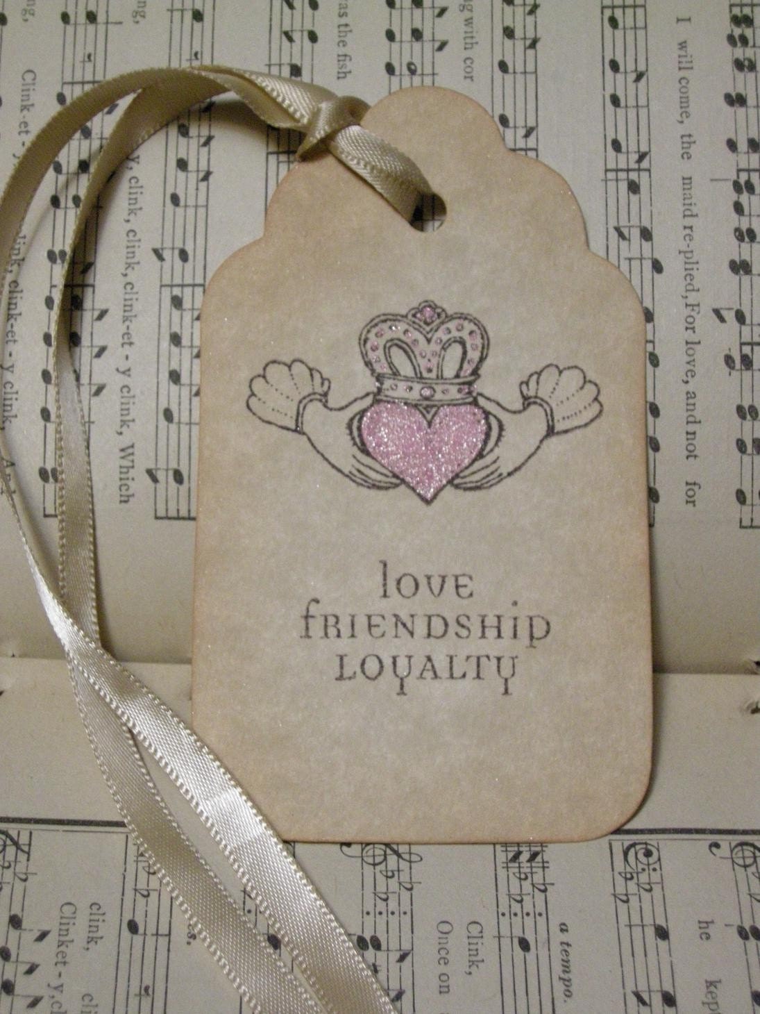 Love Friendship Loyalty - vintage style, shabby chic style hang tag, ephemera, gift tag, bookmark tag - Set of 6