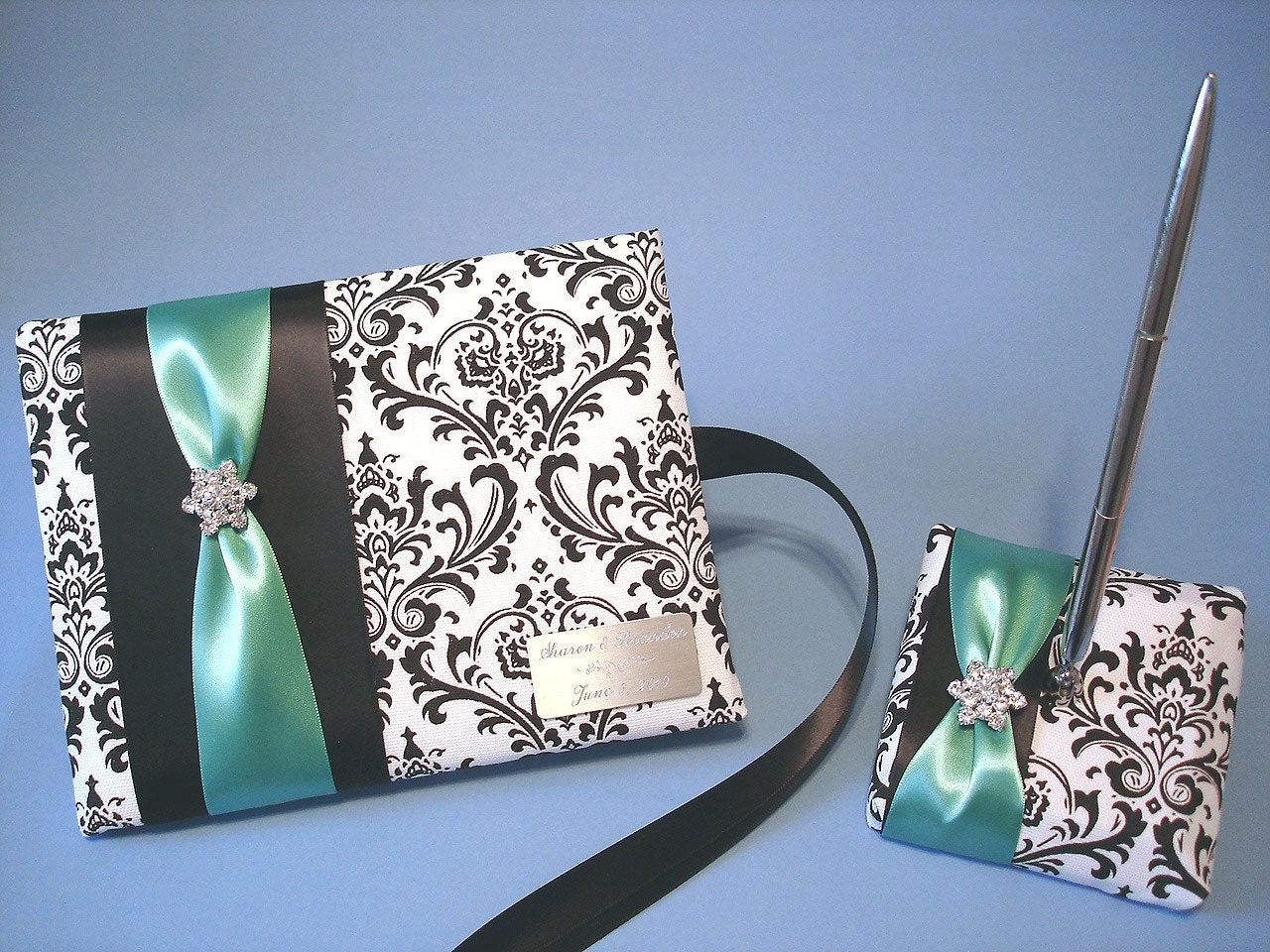 Madison Damask Wedding Guest Book and Pen with Rhinestones, your Custom Accent Color and Personalized Engraving