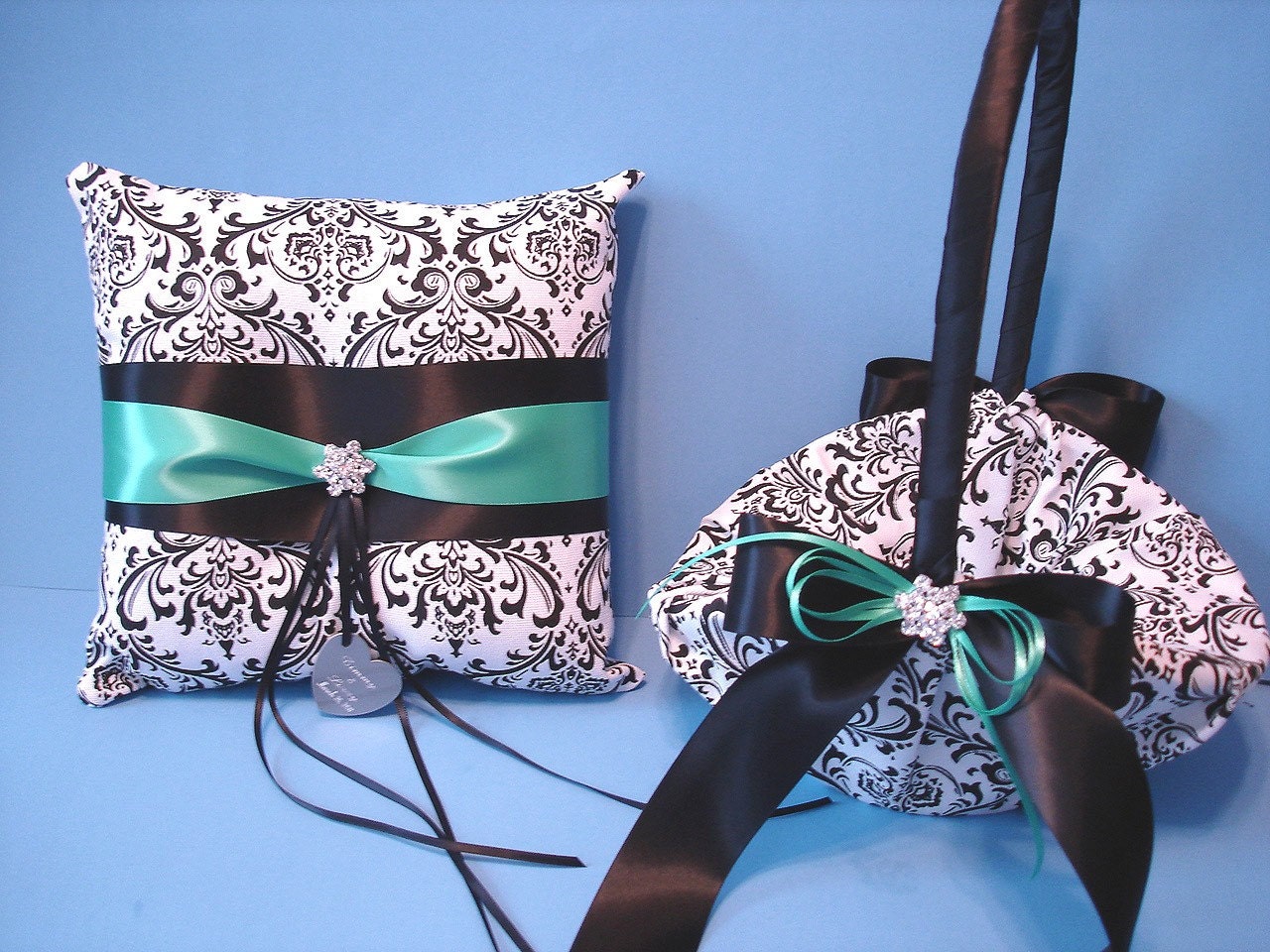 Madison Damask Flower Girl Basket and Personalized Ring Bearer Pillow with Custom Accent Color