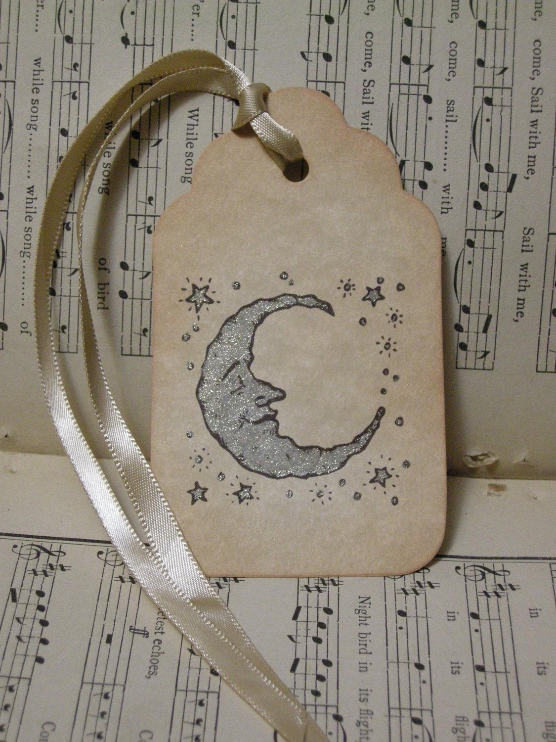 SILVERY MOON - with silver stars, vintage style, shabby chic style, sparkly hang tag, ephemera, gift tag, bookmark tag, celestial, children's, baby shower - set of 6