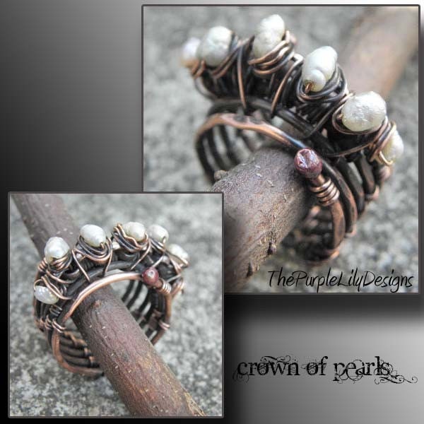 Crown of Pearls, Antiqued woven Copper and Pearl ring,ThePurpleLilyDesigns