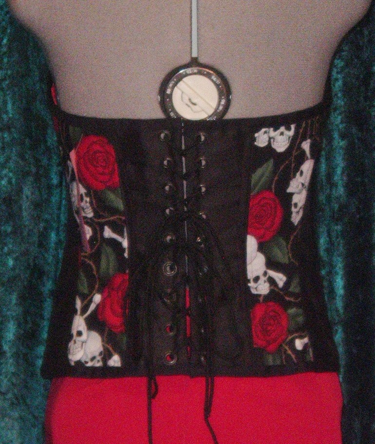 Black Satin, Skulls & Roses Sweetheart Overbust Corset