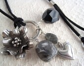 Labridorite Silver Heart  Necklace Black Talisman Flower Charm