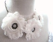 Bridal Flower Necklace in Off White Chiffon and Rhinestones - The Charlotte