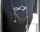 Lucian's Castle. Steampunk Huge Escutcheon, Antique Skeleton Key, Coyote Fang, Jasper, Crystal and Bat Necklace OOAK Dracula Inspired