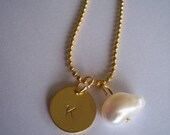 Hand-Stamped Personalized Gold Initial and Pearl Necklace