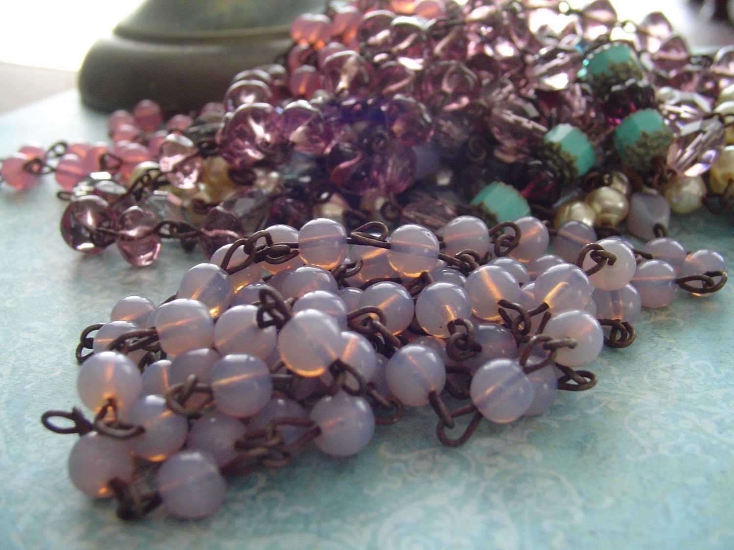 Milky Lilac Opaline glass Beaded Chain Aged Dark Ox Patina wire links Czech Glass beads