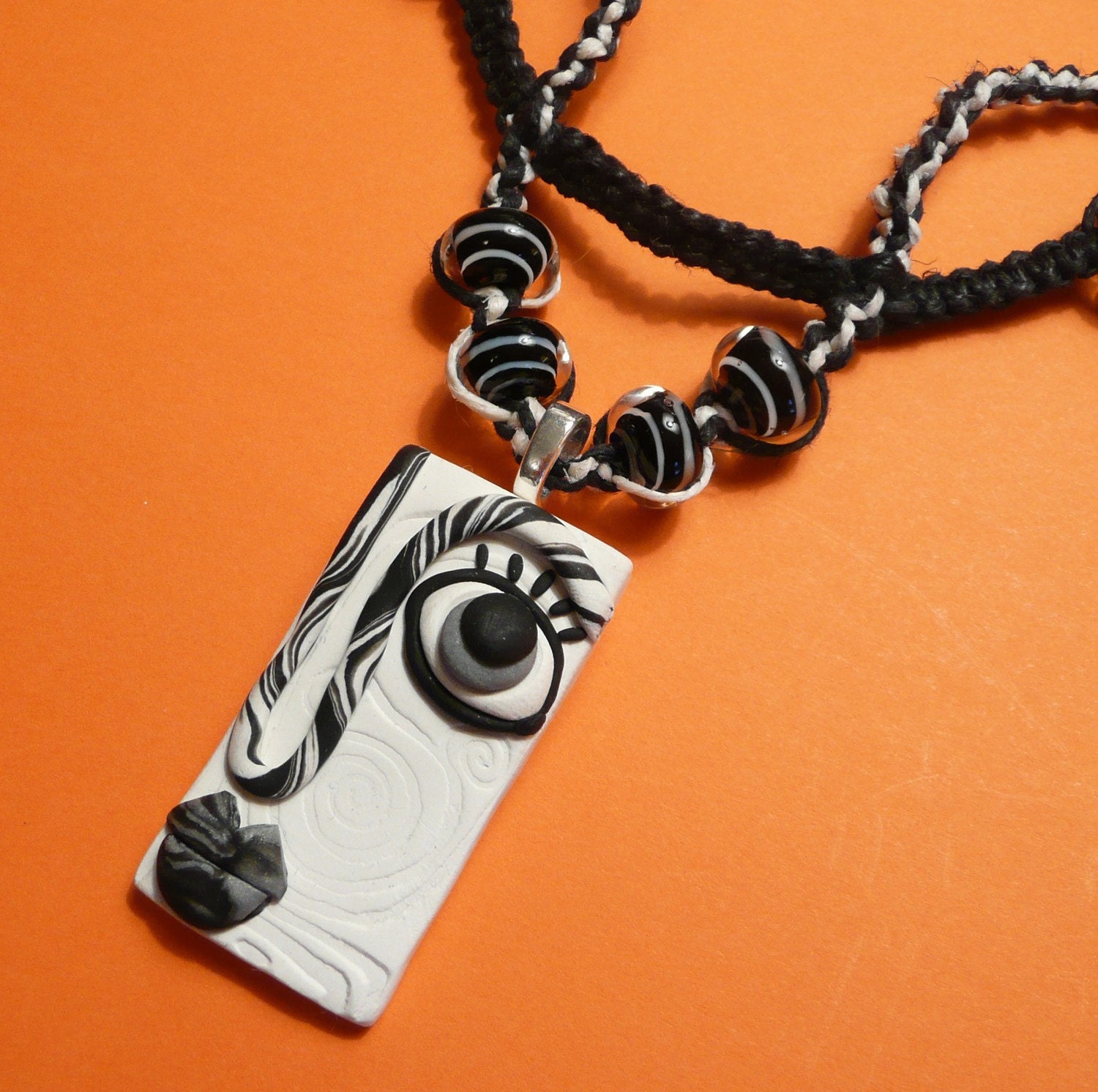 Hemp Necklace Face Pendant Handmade Polymer Clay Black and White 19"