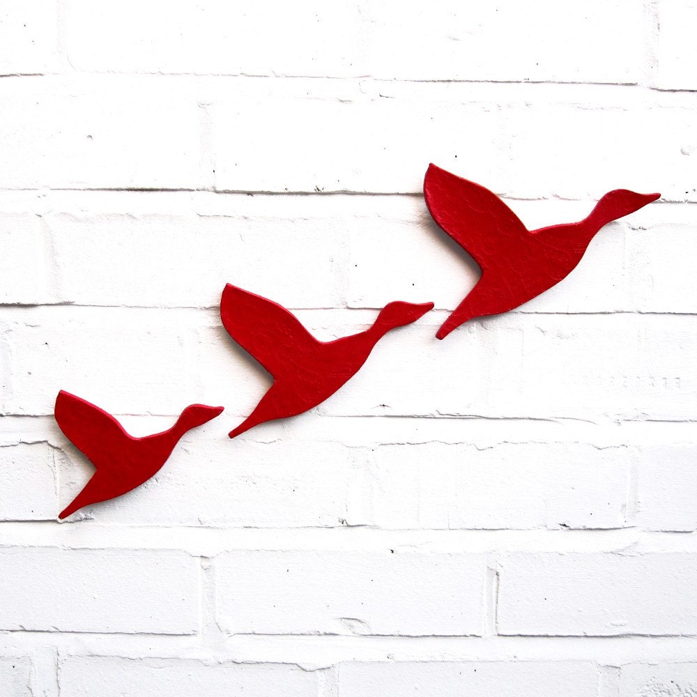 Ceramic wall art Flying ducks Flock Set of three bright scarlet red flying ducks Home decor Wall ornament Modern retro artwork