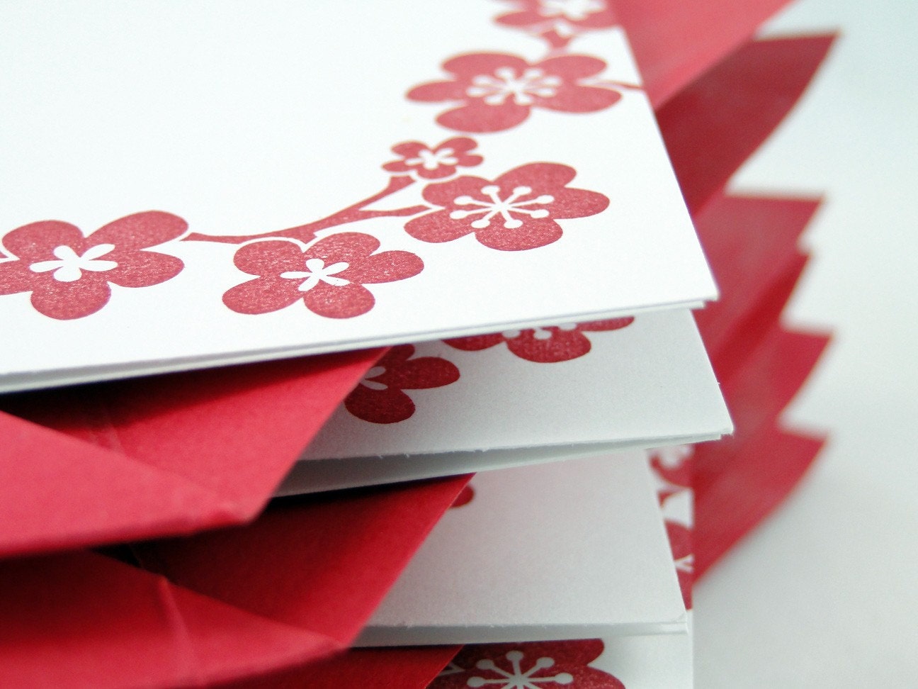 Red Cherry blossom Note cards with handmade red envelopes, 4Bar size, set of 6