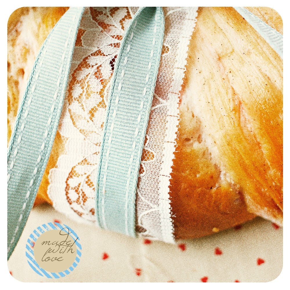Cardamom Bread 1. Sweet Bread Photo. Kitchen Decor. Warm, Orange, Lace, Blue Ribbon, Foodies Home Decor. Fine Art Food Photography 5x5"