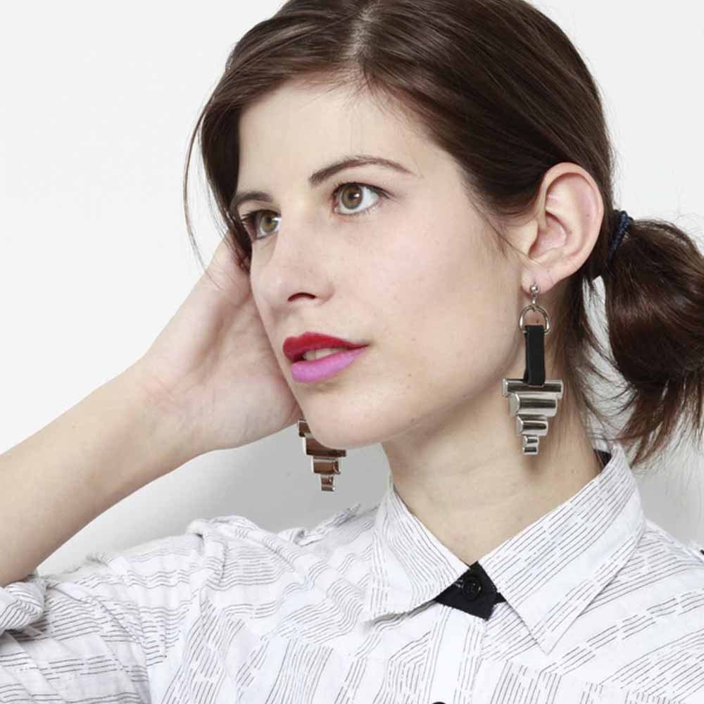 Inca Earrings - Black Leather and Silver