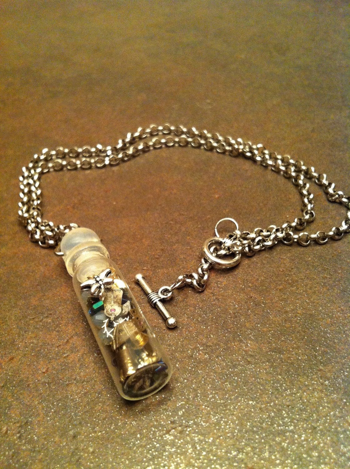 Bottle of Time Pendant - Steampunk necklace glass vial keepsake pendant, Swarovski crystals, vintage watch parts 'n gears