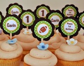 Football CUPCAKE TOPPERS - Lil Quarterback Happy Birthday Party Decorations in Green & Brown