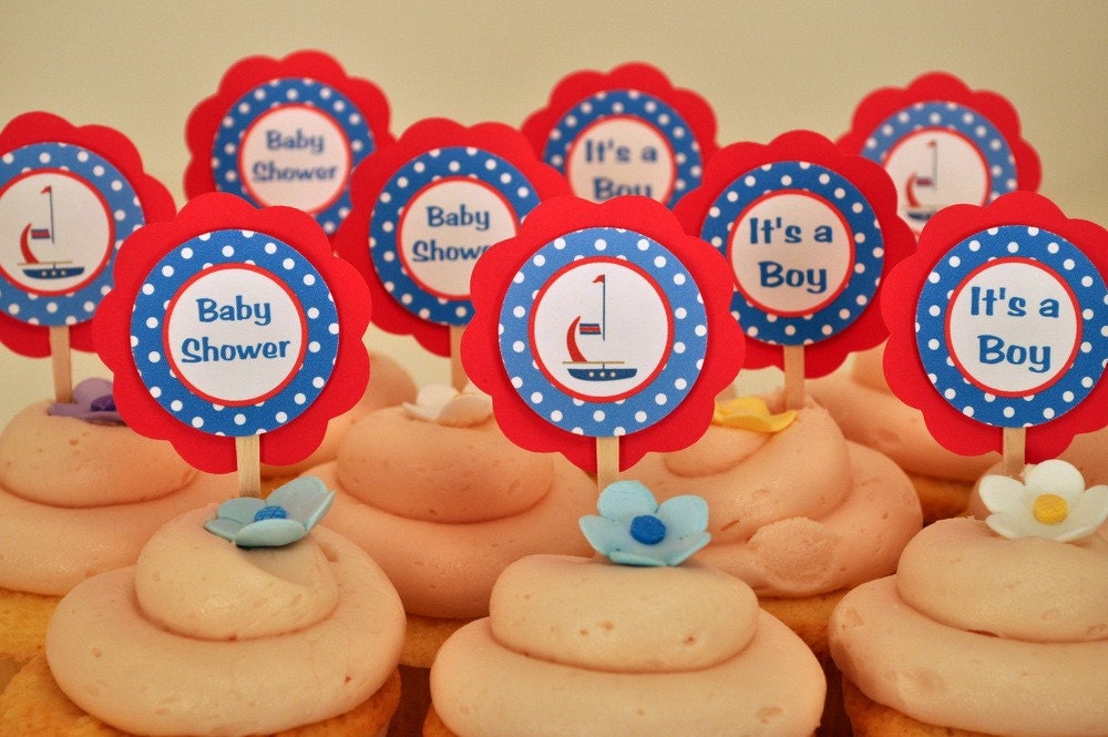 Sailboat Theme Cupcake Toppers in Blue & Red Baby Shower Decorations
