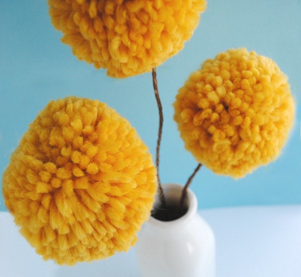 3 Yellow Pom Pom Yarn Flowers