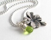 Silver Clover Necklace Four Leaf Clover Necklace Peridot Green Czech Glass Crystal PMC St Patrick's Day Necklace
