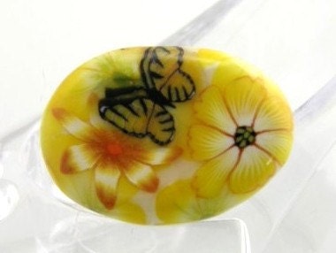 Button Ring Yellow Flower Butterfly Clay Oval
