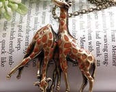 Pretty retro copper coffee or brown color glaze giraffe couples necklace pendant jewelry vintage style